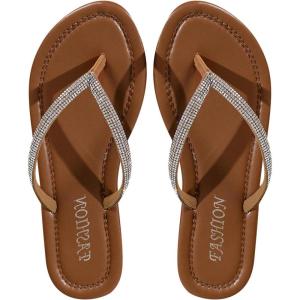 imageOYOANGLE Womens Rhinestone Glitter Flip Flop Sandals Open Post Flat Thongs SandalsBrown