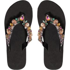 imageOYOANGLE Womens Rhinestone Jeweled Platform Flip Flops Boho Sparkly Wedge Thong Sandals Trendy Outdoor SlippersBlack
