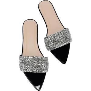 imageOYOANGLE Womens Rhinestone Pointed Open Toe Sandals Leather Sparkly Single Band Elegant Slide SandalsBlack