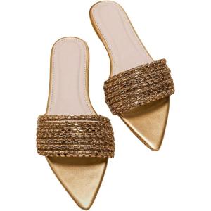 imageOYOANGLE Womens Rhinestone Pointed Open Toe Sandals Leather Sparkly Single Band Elegant Slide SandalsGold