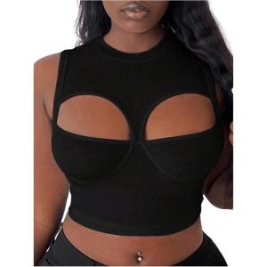 imageOYOANGLE Womens Ribbed Knit Cut Out Tank Top Crew Neck Sleeveless Party Crop TopsBlack