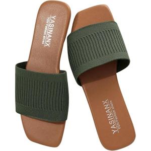 imageOYOANGLE Womens Single Band Square Open Toe Slide Sandals Summer Slip on Flat SandalsArmy Green