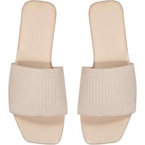imageOYOANGLE Womens Single Band Square Open Toe Slide Sandals Summer Slip on Flat SandalsBeige