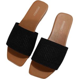 imageOYOANGLE Womens Single Band Square Open Toe Slide Sandals Summer Slip on Flat SandalsBlack