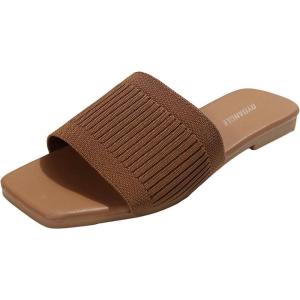 imageOYOANGLE Womens Single Band Square Open Toe Slide Sandals Summer Slip on Flat SandalsBrown