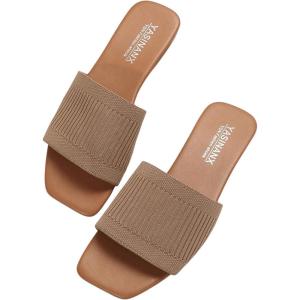 imageOYOANGLE Womens Single Band Square Open Toe Slide Sandals Summer Slip on Flat SandalsKhaki