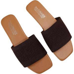 imageOYOANGLE Womens Single Band Square Open Toe Slide Sandals Summer Slip on Flat SandalsMocha Brown