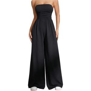 imageOYOANGLE Womens Strapless Jumpsuits Ruched Wide Leg Long Pants RomperBlack
