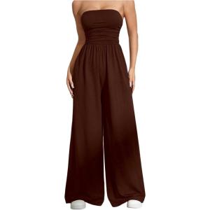 imageOYOANGLE Womens Strapless Jumpsuits Ruched Wide Leg Long Pants RomperBrown