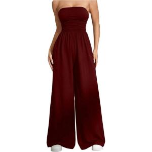 imageOYOANGLE Womens Strapless Jumpsuits Ruched Wide Leg Long Pants RomperBurgundy