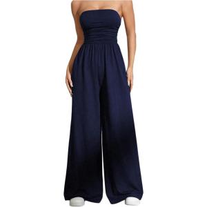 imageOYOANGLE Womens Strapless Jumpsuits Ruched Wide Leg Long Pants RomperDeep Blue