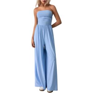 imageOYOANGLE Womens Strapless Jumpsuits Ruched Wide Leg Long Pants RomperLight Blue