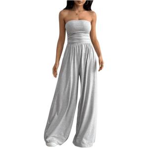 imageOYOANGLE Womens Strapless Jumpsuits Ruched Wide Leg Long Pants RomperLight Grey