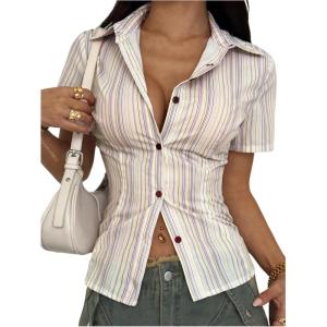 imageOYOANGLE Womens Striped Button Down Blouse Short Sleeve Collared Tops Dressy Casual ShirtMustard Yellow