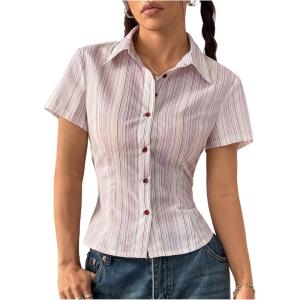 imageOYOANGLE Womens Striped Button Down Blouse Short Sleeve Collared Tops Dressy Casual ShirtPink