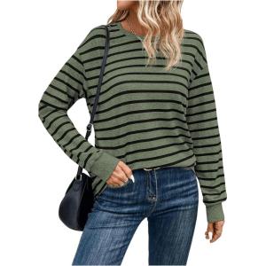 imageOYOANGLE Womens Striped Long Sleeve TShirt Casual Crew Neck Tee Tops Drop Shoulder TeesArmy Green