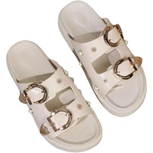imageOYOANGLE Womens Studded Double Buckle Strap Footbed Sandals Fashion Platform Slip on Slides SandalsBeige