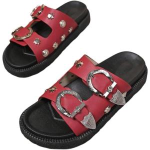 imageOYOANGLE Womens Studded Double Buckle Strap Footbed Sandals Fashion Platform Slip on Slides SandalsBurgundy