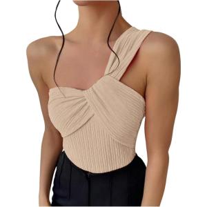 imageOYOANGLE Womens Textured One Shoulder Twist Front Ruched Bodysuit Sleeveless Tank Top Body SuitsApricot