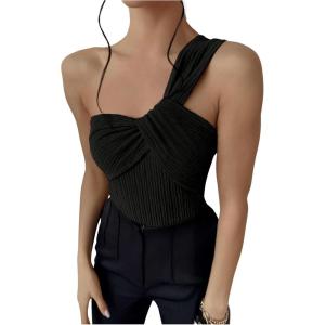 imageOYOANGLE Womens Textured One Shoulder Twist Front Ruched Bodysuit Sleeveless Tank Top Body SuitsBlack