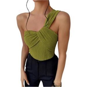 imageOYOANGLE Womens Textured One Shoulder Twist Front Ruched Bodysuit Sleeveless Tank Top Body SuitsGreen