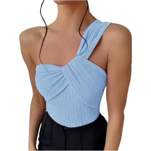 imageOYOANGLE Womens Textured One Shoulder Twist Front Ruched Bodysuit Sleeveless Tank Top Body SuitsLight Blue