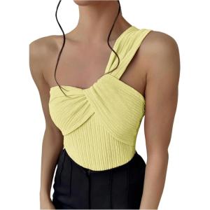 imageOYOANGLE Womens Textured One Shoulder Twist Front Ruched Bodysuit Sleeveless Tank Top Body SuitsLight Yellow