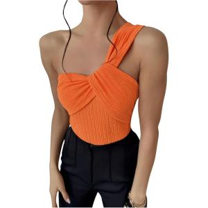 imageOYOANGLE Womens Textured One Shoulder Twist Front Ruched Bodysuit Sleeveless Tank Top Body SuitsOrange
