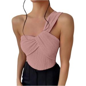 imageOYOANGLE Womens Textured One Shoulder Twist Front Ruched Bodysuit Sleeveless Tank Top Body SuitsPink