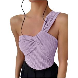 imageOYOANGLE Womens Textured One Shoulder Twist Front Ruched Bodysuit Sleeveless Tank Top Body SuitsPurple
