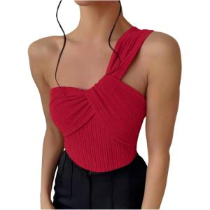 imageOYOANGLE Womens Textured One Shoulder Twist Front Ruched Bodysuit Sleeveless Tank Top Body SuitsRed