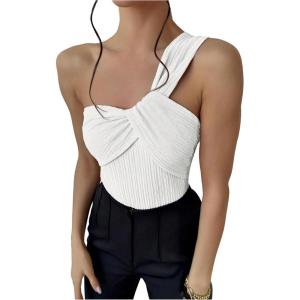 imageOYOANGLE Womens Textured One Shoulder Twist Front Ruched Bodysuit Sleeveless Tank Top Body SuitsWhite