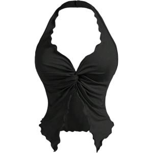 imageOYOANGLE Womens Twist Front Ruched Halter Top Y2K Sleeveless Front Slit Open Back Cropped TopsBlack