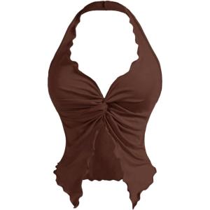 imageOYOANGLE Womens Twist Front Ruched Halter Top Y2K Sleeveless Front Slit Open Back Cropped TopsBrown