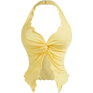 imageOYOANGLE Womens Twist Front Ruched Halter Top Y2K Sleeveless Front Slit Open Back Cropped TopsYellow