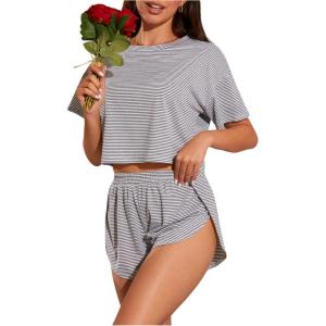 imageOYOANGLE Womens Two Piece Pajama Set Striped Print Crew Neck Short Sleeve Tee and Side Split Shorts SetBlack