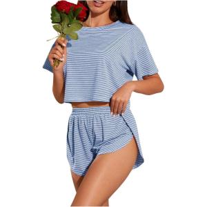 imageOYOANGLE Womens Two Piece Pajama Set Striped Print Crew Neck Short Sleeve Tee and Side Split Shorts SetBlue