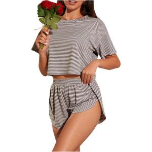 imageOYOANGLE Womens Two Piece Pajama Set Striped Print Crew Neck Short Sleeve Tee and Side Split Shorts SetBrown