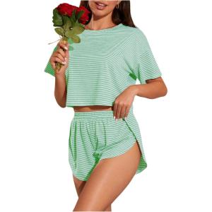 imageOYOANGLE Womens Two Piece Pajama Set Striped Print Crew Neck Short Sleeve Tee and Side Split Shorts SetGreen