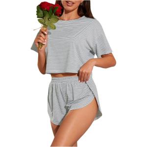 imageOYOANGLE Womens Two Piece Pajama Set Striped Print Crew Neck Short Sleeve Tee and Side Split Shorts SetGrey