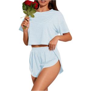 imageOYOANGLE Womens Two Piece Pajama Set Striped Print Crew Neck Short Sleeve Tee and Side Split Shorts SetLight Blue