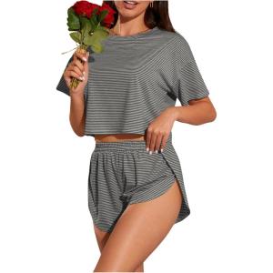 imageOYOANGLE Womens Two Piece Pajama Set Striped Print Crew Neck Short Sleeve Tee and Side Split Shorts SetLight Grey