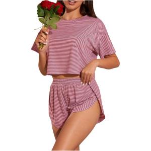 imageOYOANGLE Womens Two Piece Pajama Set Striped Print Crew Neck Short Sleeve Tee and Side Split Shorts SetLight Pink