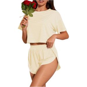 imageOYOANGLE Womens Two Piece Pajama Set Striped Print Crew Neck Short Sleeve Tee and Side Split Shorts SetLight Yellow
