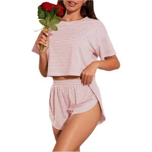 imageOYOANGLE Womens Two Piece Pajama Set Striped Print Crew Neck Short Sleeve Tee and Side Split Shorts SetPink