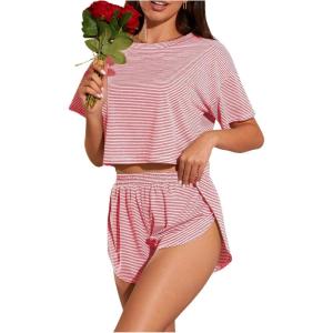 imageOYOANGLE Womens Two Piece Pajama Set Striped Print Crew Neck Short Sleeve Tee and Side Split Shorts SetRed and White