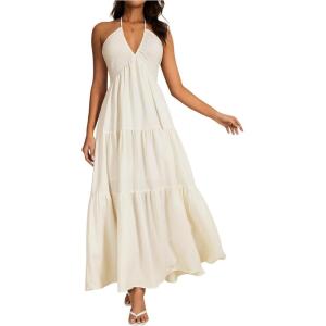 imageOYOANGLE Womens V Neck Tie Backless Halter Dress Ruched Flowy Wedding Vacation Maxi DressesBeige