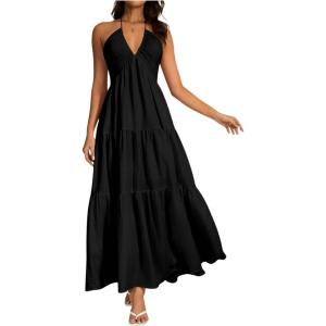 imageOYOANGLE Womens V Neck Tie Backless Halter Dress Ruched Flowy Wedding Vacation Maxi DressesBlack