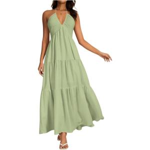 imageOYOANGLE Womens V Neck Tie Backless Halter Dress Ruched Flowy Wedding Vacation Maxi DressesGreen