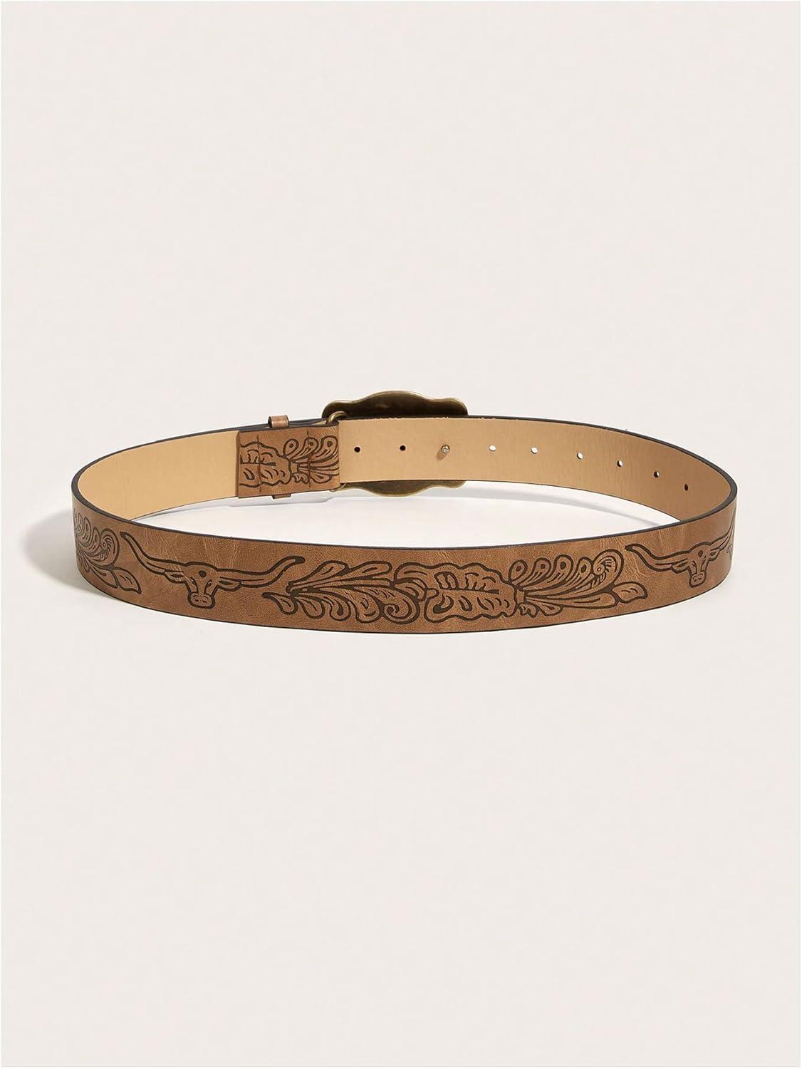 imageOYOANGLE Womens Vintage Western Cowgirl Leather Belts Floral Engraved Longhorn Bull Buckled Belt for JeansBrown